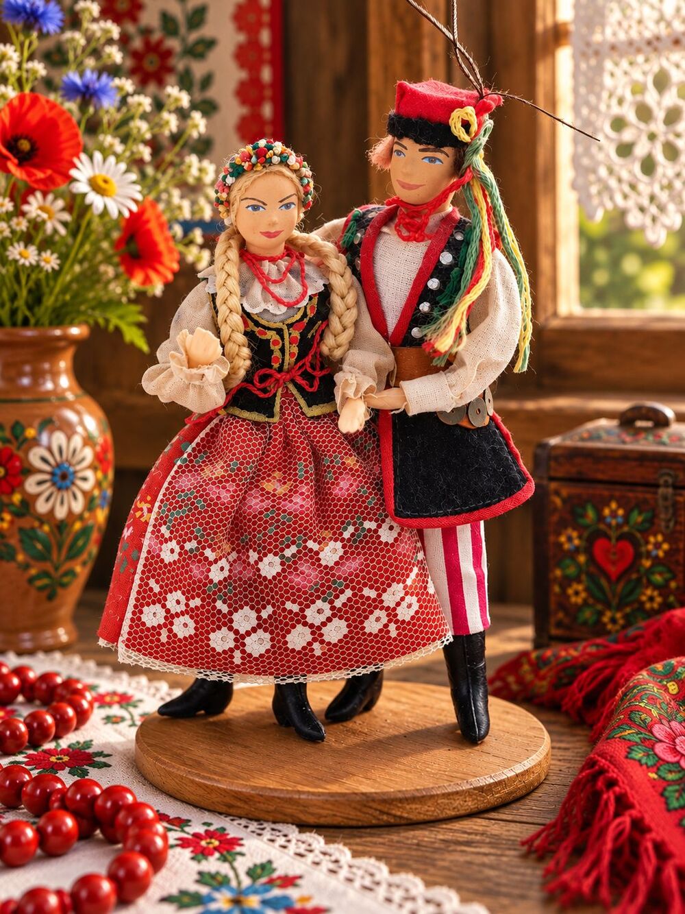 Vintage Polish Cepelia Folk Art Doll Couple Handmade Krakow Regional Costume 5in